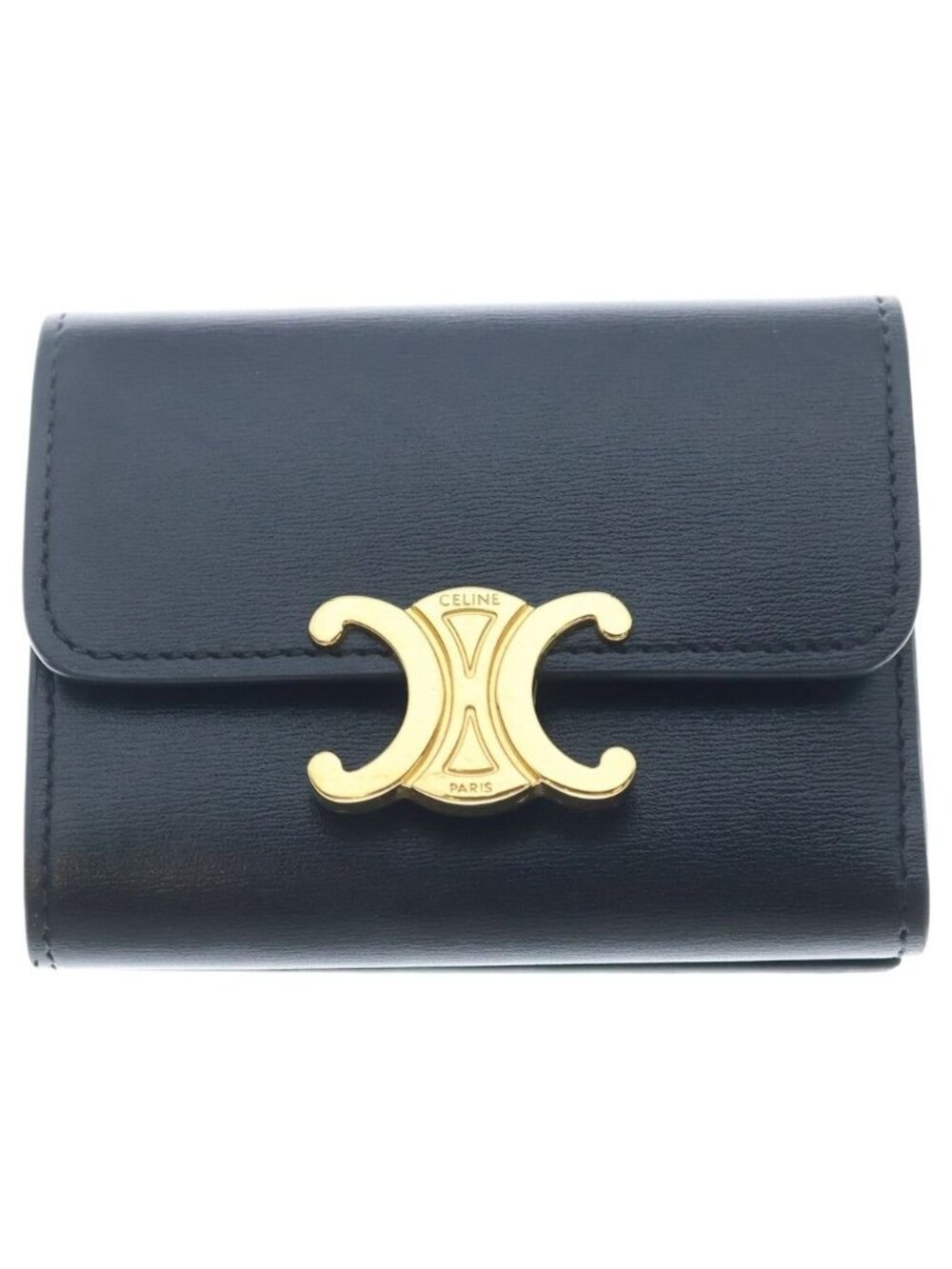 Celine Triomphe Shiny Calfskin Gold Trifold Wallet Compact Black